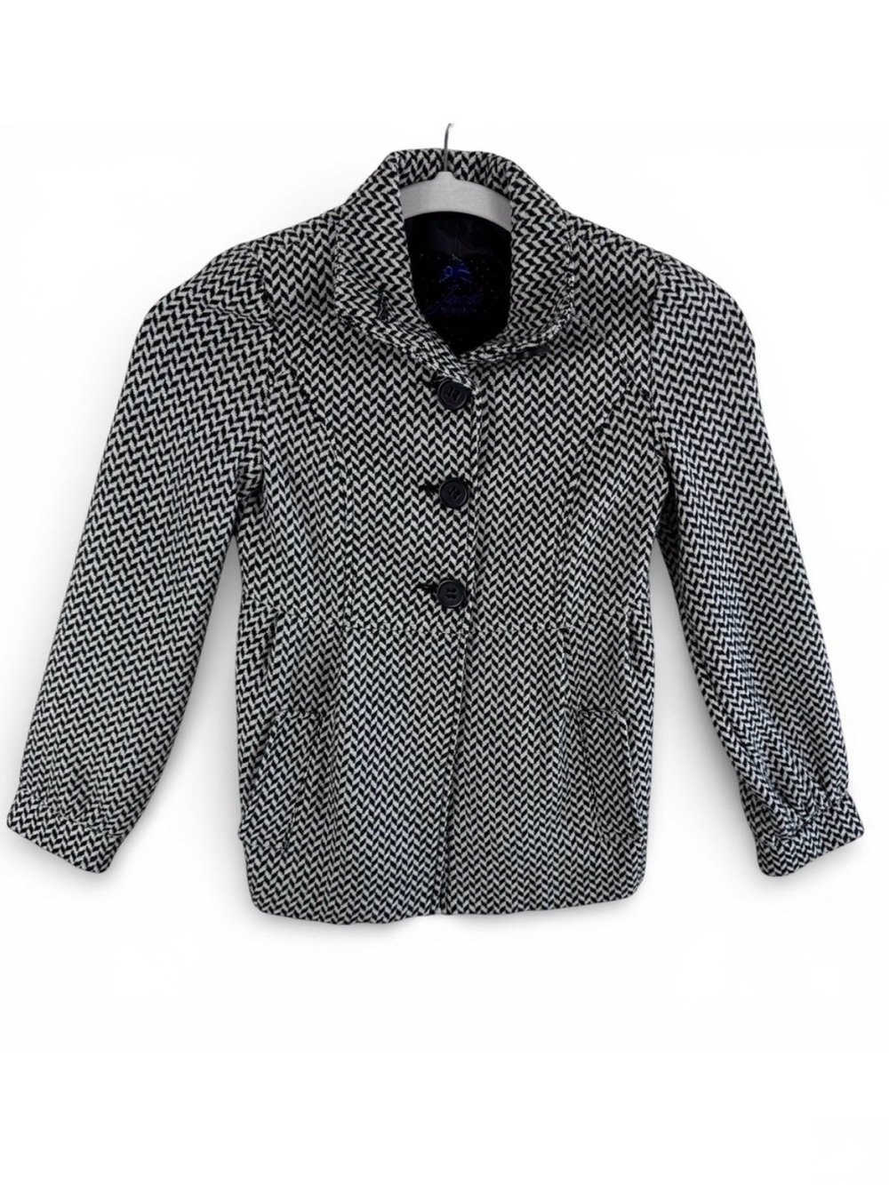 Jack by BB Dakota Herringbone Button Front Coat Black White Pleated Back XS